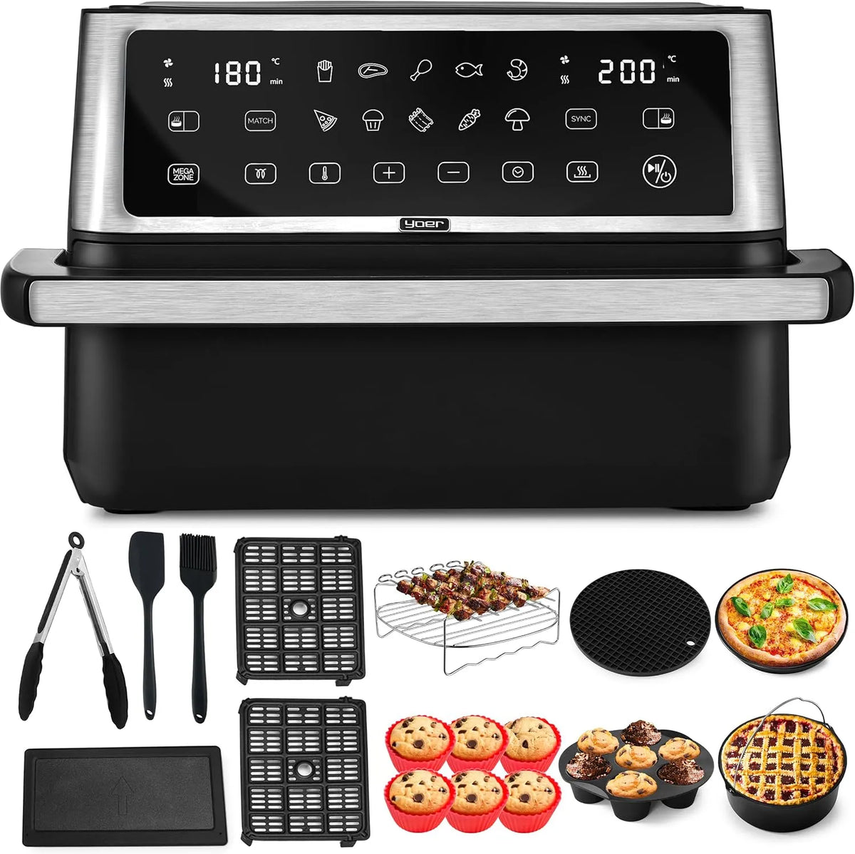Heißluftfritteuse AF03BK Yoer, 6-in-1, 12 automatische Programme, Fassungsvermögen 11L Airfryer, Leistung 2800W, 6-8 Portionen, Antihaftbeschichtung