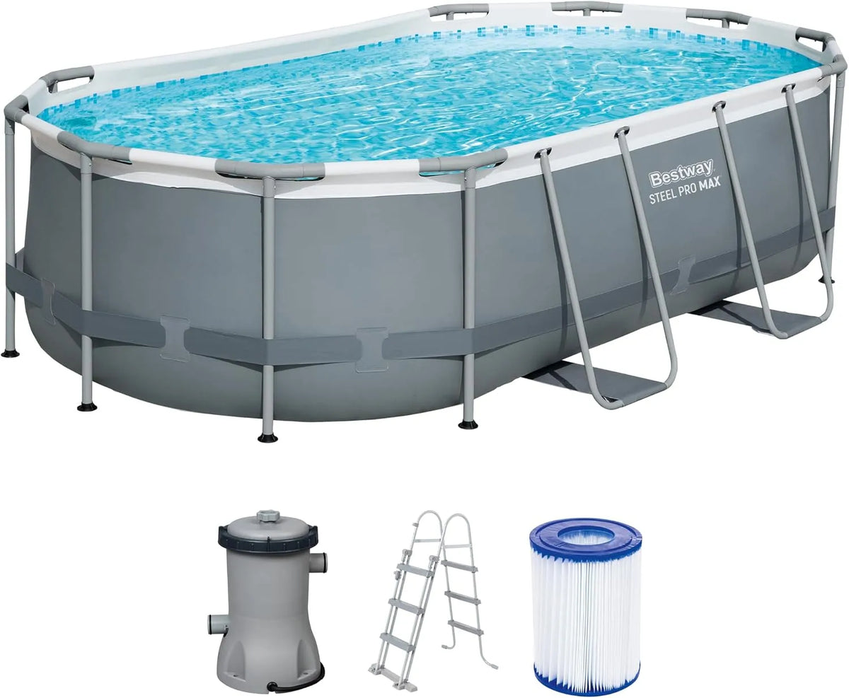 Bestway Pool, Power Steel Frame Set mit Filterpumpe 427 x 250 x 100 cm, oval, Farbe Grau