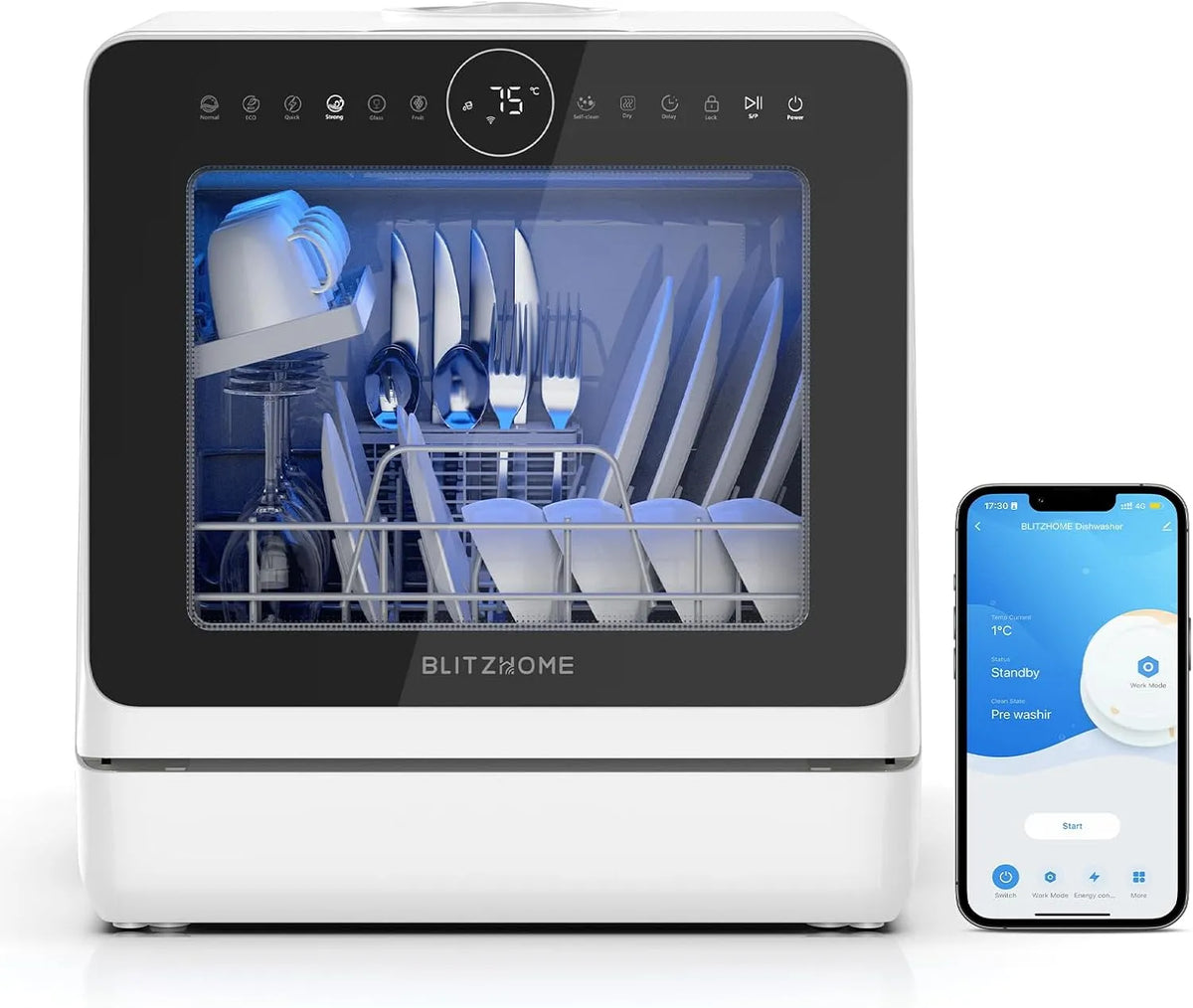Geschirrspüler Mini Spülmaschine, BLITZHOME, Smart App Steuerung Tragbarer Tischgeschirrspüler 5L Wassertank, BLITZHOME 8+2 Betriebsprogramme