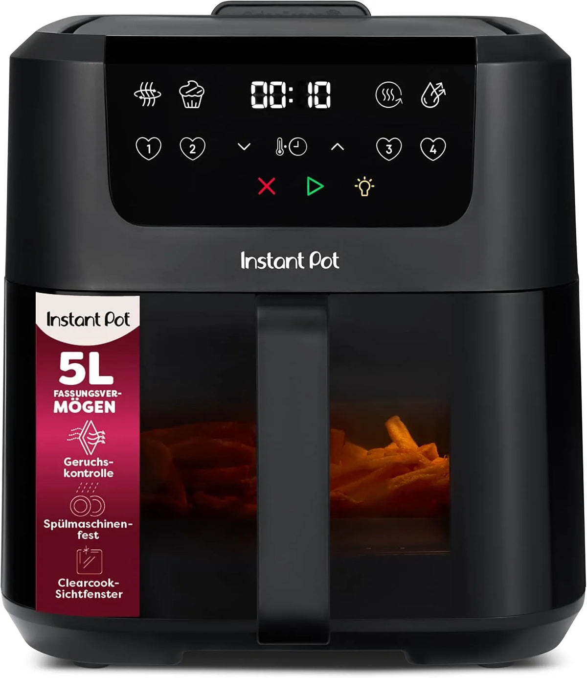 Heißluftfritteuse, Instant Pot Vortex Compact in Schwarz 5 l Korb, 4 in 1, Familiengröße, Heißluftfrittieren, Trocknen, Backen, Aufwärmen