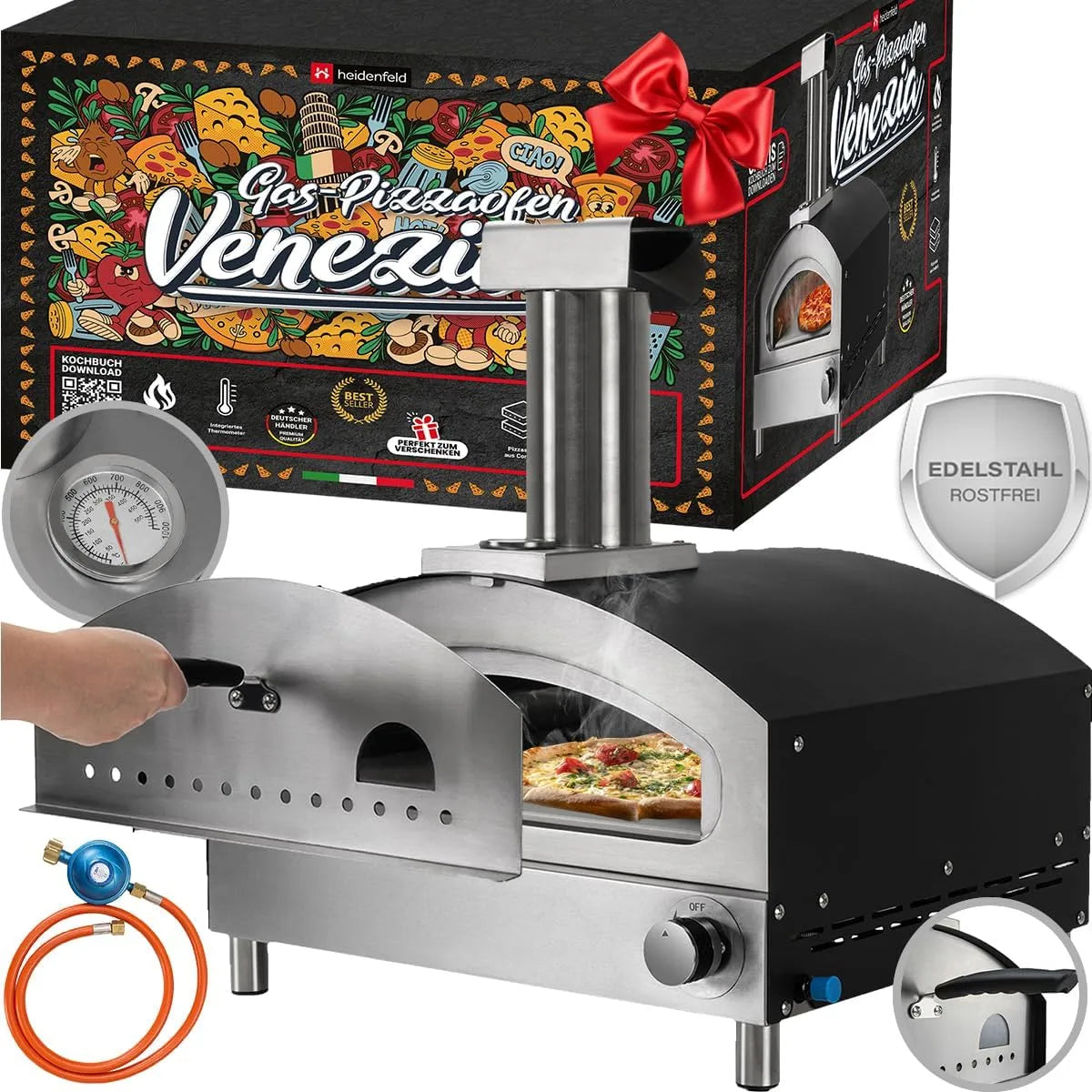 Grill, 500°C, Gasofen, Pizzamaker, Pizzastein, Silber, Brot Backofen, Heidenfeld Gas Pizzaofen Venezia, Pizza Ofen