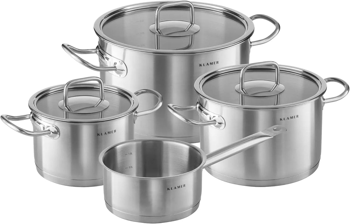 Topfset KLAMER, Induktion 4-teilig, Edelstahl Kochtopf Set mit Glasdeckel, unbeschichtet & spülmaschinengeeignet, energiesparend