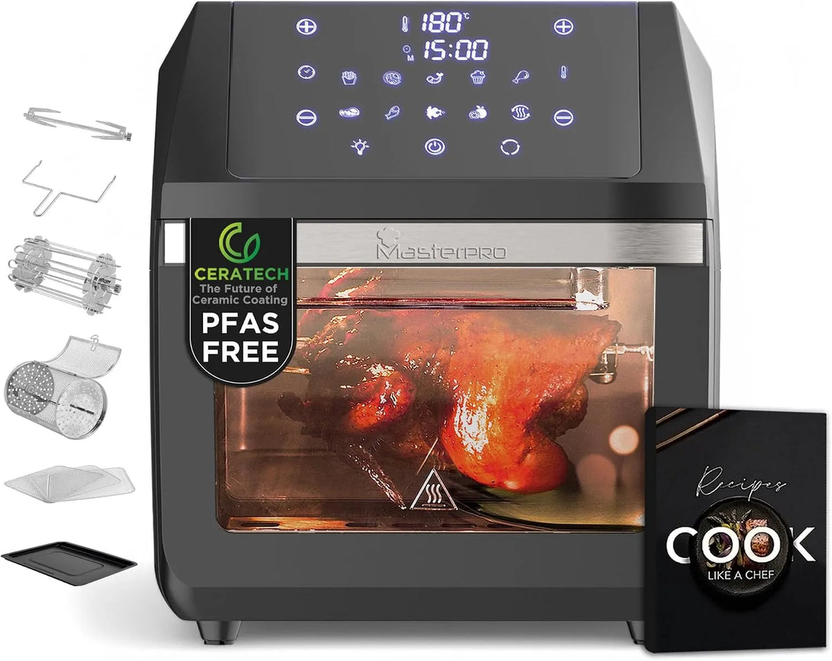 Heißluftfritteuse ROCKET 1100, mit CERATECH Keramik-Beschichtung- 10 Betriebsprogramme & Temperaturkontrolle, Mit Drehkorb, MasterPRO, Grill