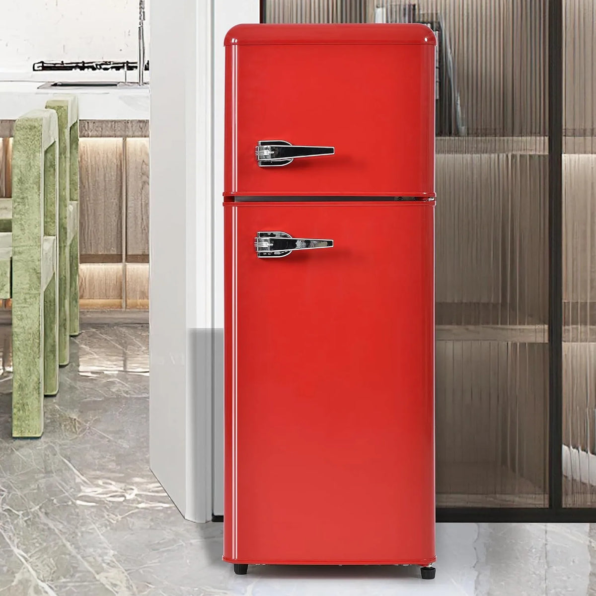 Kühlschrank Merax Retro, Kühl-Gefrier-Kombination 92L, 116 kWh, Doppeltür Design, Jahr, Kompakt, Breite 105.5 cm, Fassungsvermögen 28L Gefrierfach