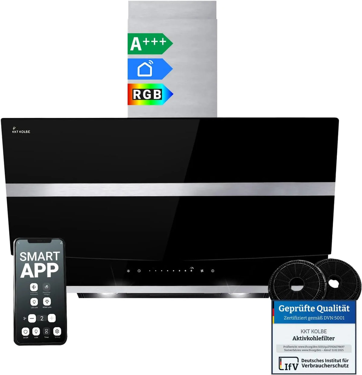 Dunstabzugshaube HERMES8005SM KKT KOLBE A+++, h Kopffreie Wandhaube Edelstahl schwarzes Glas WLAN RGBW-LED-Beleuchtung SensorTouch Bedienung