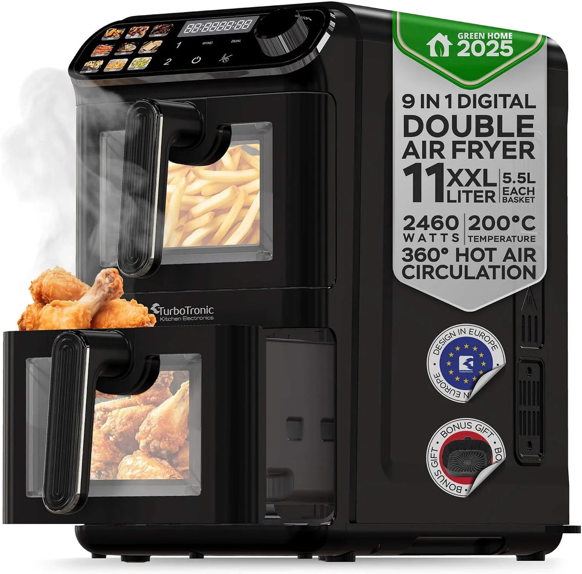 Heißluftfritteuse TurboTronic, Fassungsvermögen 11 L vertikale Doppelkammer 2 × 5,5 L DualZone, XXL, fettarmes Frittieren ohne Öl