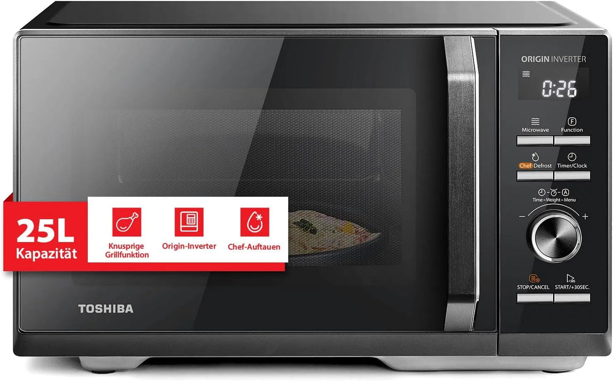 Toshiba Mikrowelle MW3-AG25PFI, 57 dB leise, Fassungsvermögen 25L 3-in-1 Kombigerät, Leistung 900W Origin-Inverter, Leistung 1100W Grill, BK, Digital
