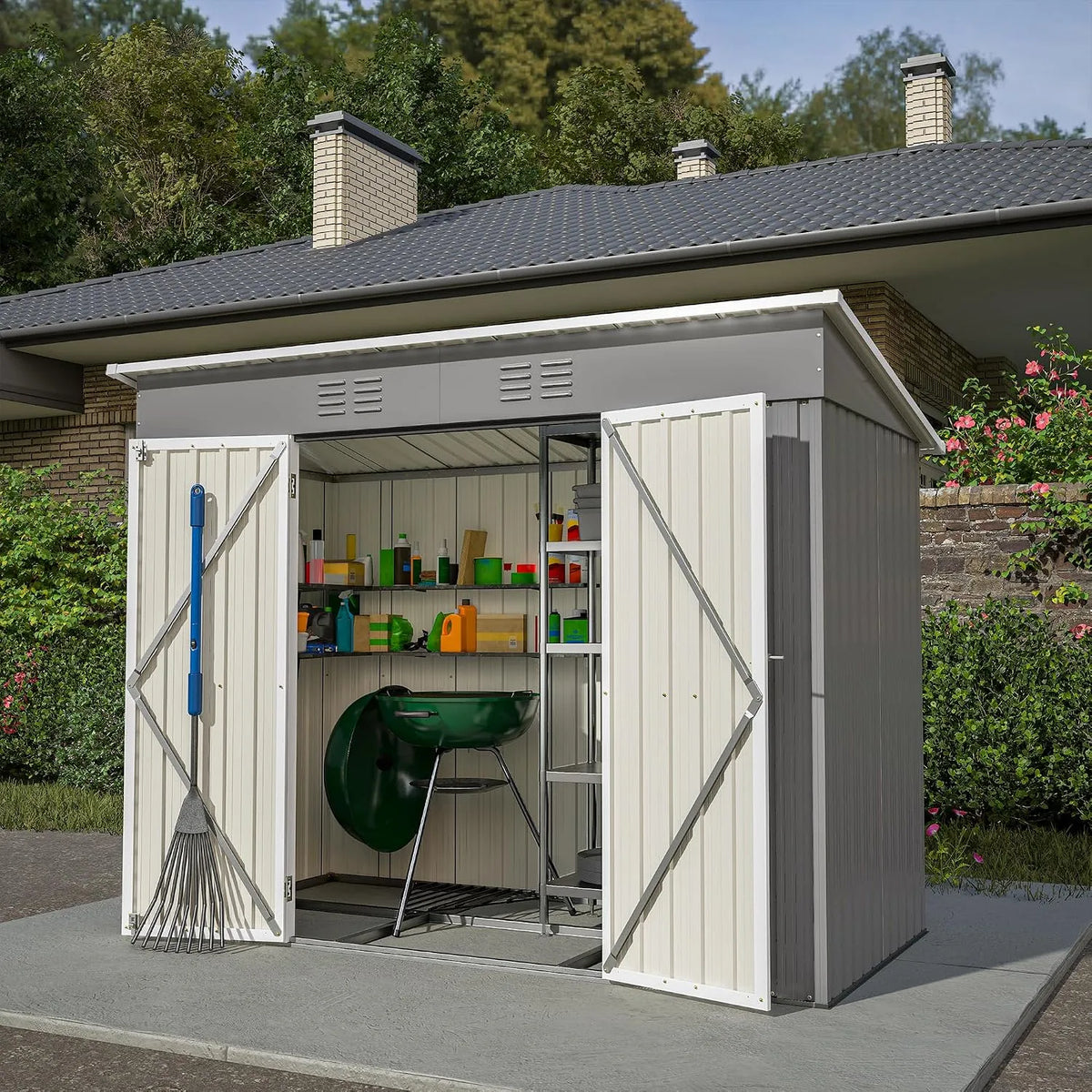 Gerätehaus Metall, Maße 229x111x182 cm, Gartenschrank mit 2 Türen & Stauraum Regal, Geräteschuppen Gartenhaus mit Satteldach, Farbe Grau