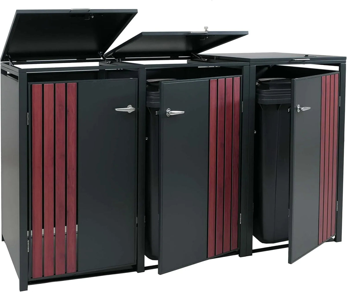 Modell 3er-Mülltonnenverkleidung HWC-O67 Mendler, Metall 122x200x84cm 83kg, Mülltonnenbox mit Deckel, anthrazit Holzoptik dunkel