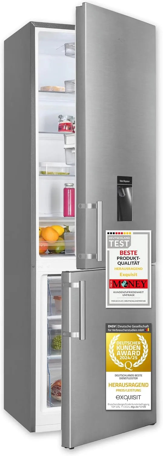 Exquisit Kühl-Gefrierkombination 4-Sterne-Gefrierfach KGC5265-70-H-WS-010E, 39dB, Wasserspender, Glasablagen, inoxlook, Fassungsvermögen 268 l