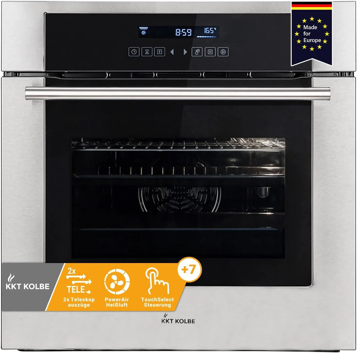 Grill EB8015ED, KKT KOLBE Einbaubackofen 60cm, 2-fach Wärmeschutzverglasung, Fassungsvermögen 70L, Leistung 3,3kW, Heißluft, Teleskopauszüge