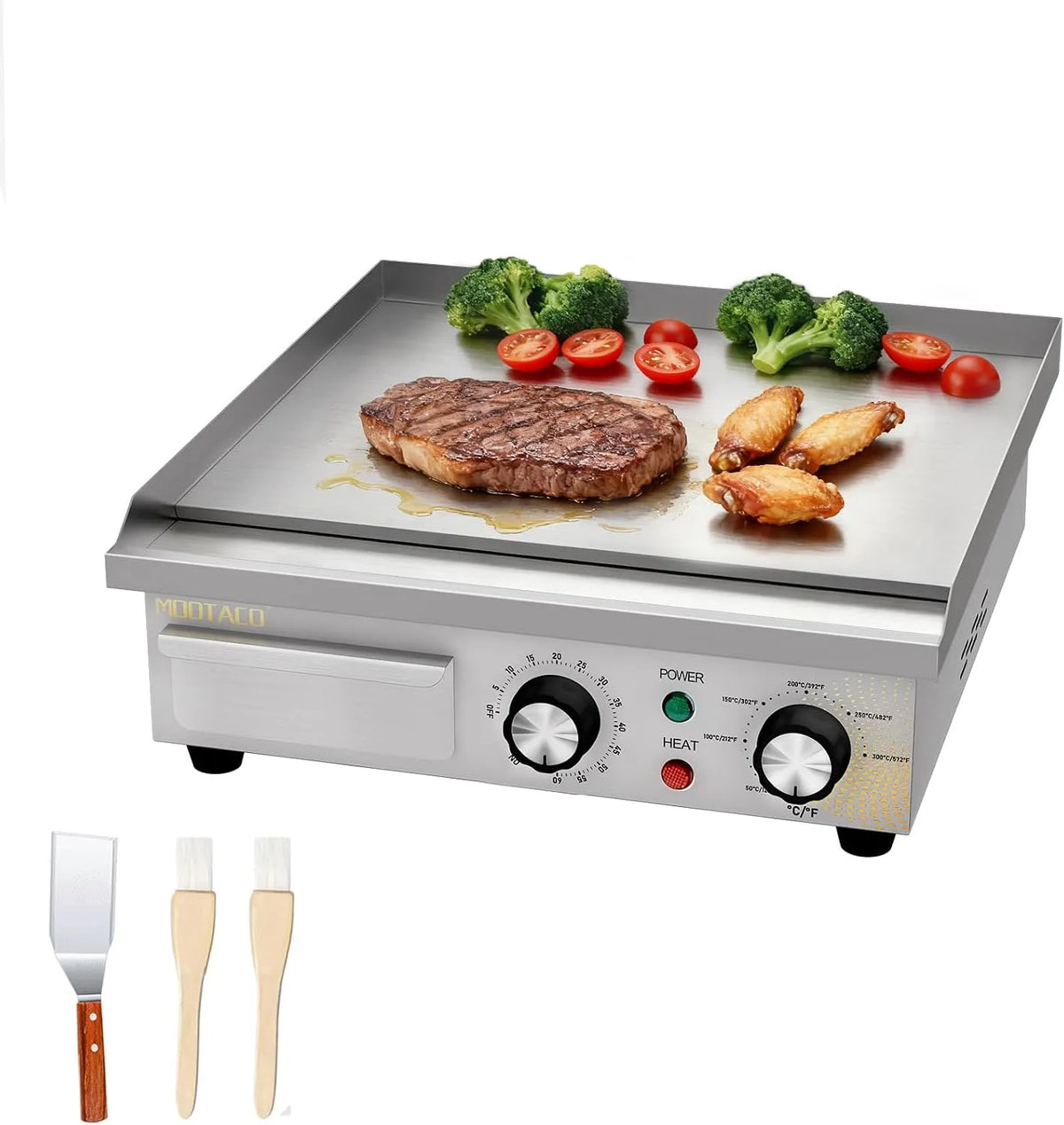 Grill, Profi Gastro Elektrogrill Elektrische Grillplatte mit 36 x 30 cm Grillfläche, Grillplatte Elektrisch glatt, Tischgrill mit Zeitschaltuhr