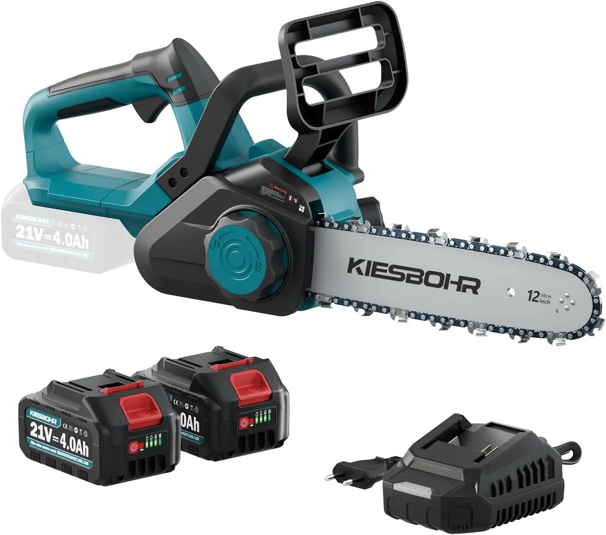 Motorsäge, Spannung 21V, 30cm Akku Kettensäge, 12 Zoll Bürstenlose Elektro mit Automatischer Kettenschmierung & Kettenspannung, 2 Ketten