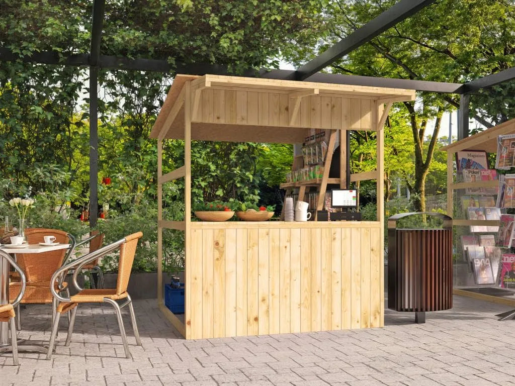 Gerätehaus Anton Marktstand, ohne Boden 170x180x200cm, Marktbude Holz, Qualitäts Pultdach Fichte Verkaufsstand Holzhaus mit Theke