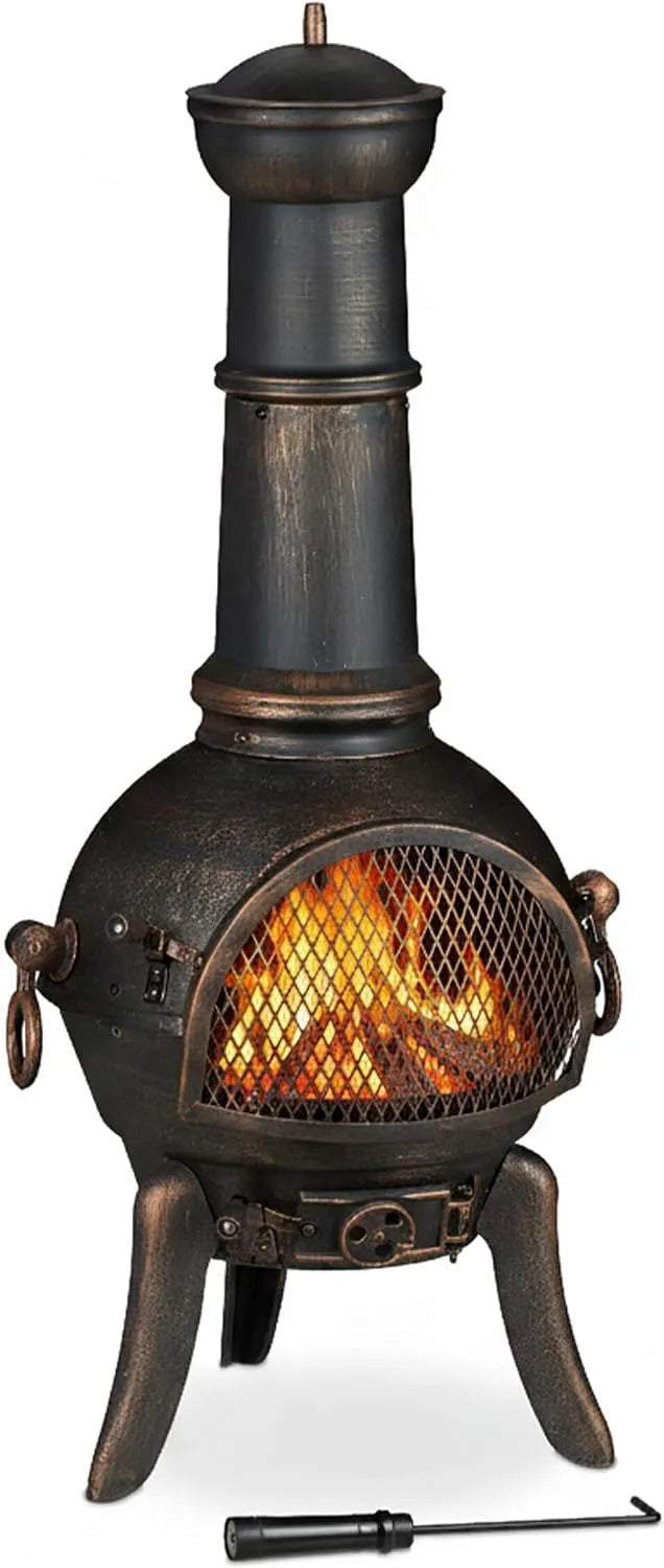 Relaxdays Terrassenofen, 1 Stück, Stahl, mit Funkenschutz, Schürhaken, Feuerrost, Zugluftklappe, Gartenkamin Gusseisen, Bronze