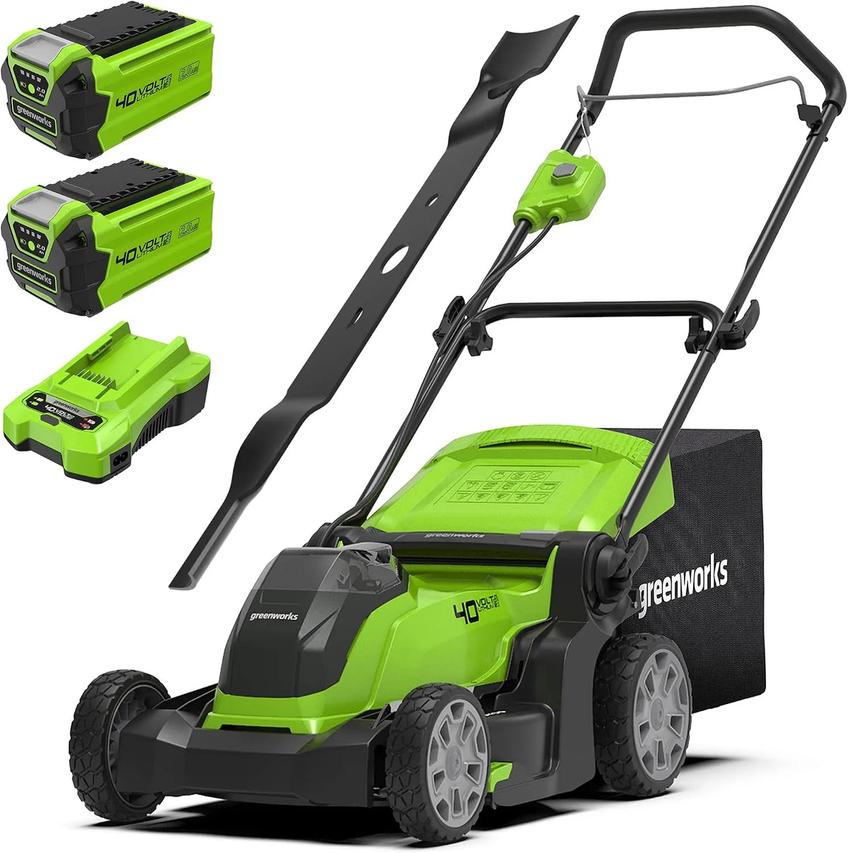 Greenworks Rasenmäher 50-Liter-Sack 2Ah-Akkus Ladegerät-G40LM41K2X, Spannung 40V Kabelloser Akku für Flächen bis zu 500 m², 41 cm Schnittbreite