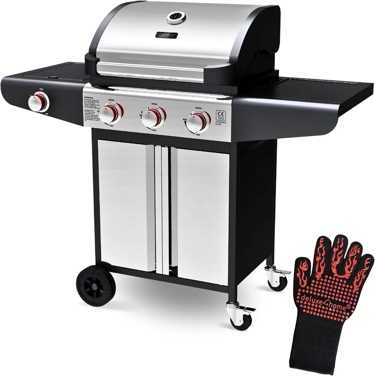 Gasgrill, BBQ Grillwagen, mit Deckel I 3+1 Seitenbrenner XXL Grill Rollbar Seitenablage I inklusive.