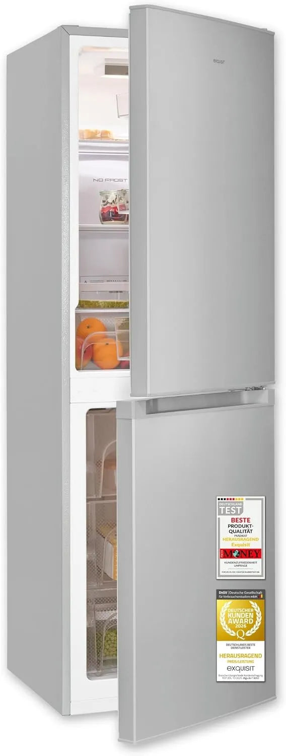 Exquisit Kühl-Gefrierkombination KGC5195-65-NF-330E, 41 dB Geräusch, No Frost, Umluftventilator, silber, Fassungsvermögen 193 l Nutzinhalt, LED