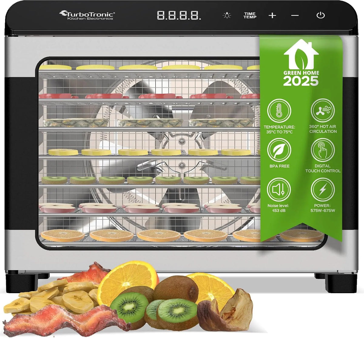 Food Dehydrator 50 Liter TurboTronic Dörrgerät, 35°C bis 75°C, komplett aus Metall 7 Etagen Obst Gemüse Fleisch Pilze Früchtetrockner Dörrapparat