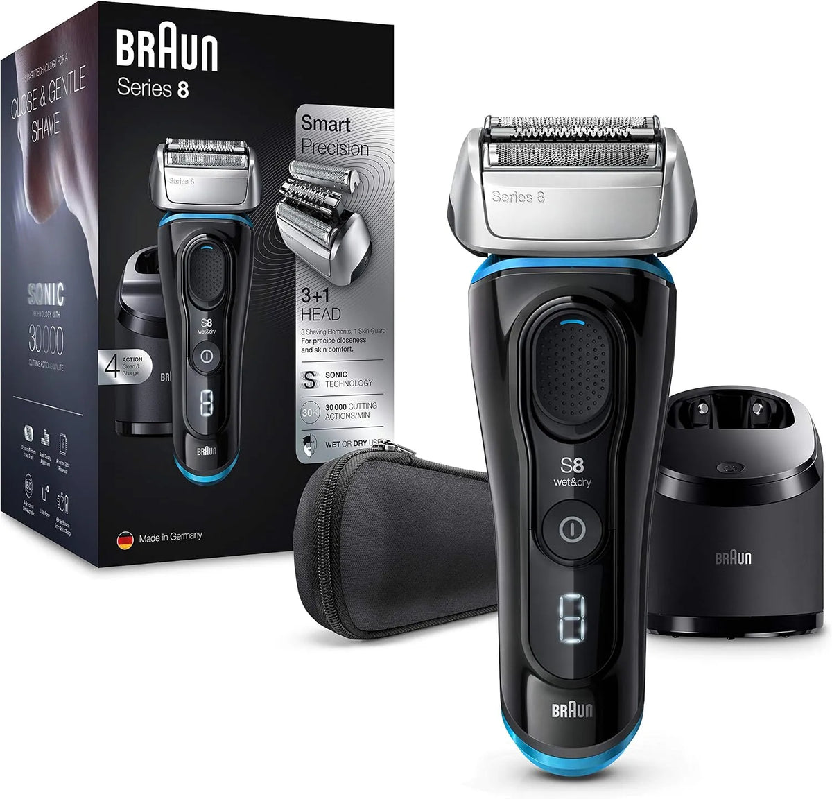 Braun Series 8 Rasierer Herren mit 3+1 Scherkopf, Li-Ionen-Akku 60 min, Elektrorasierer & Trimmer für Präzision, Wet & Dry, 8385cc, in Schwarz