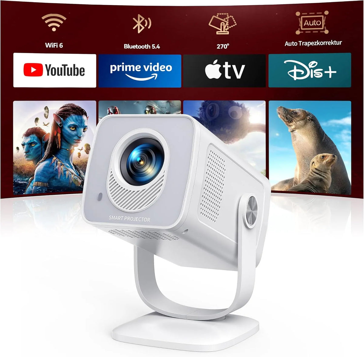 Modell 4K Unterstützt 1080P Mini Beamer, Android 13 & 270° Drehbar, Smart Beamer Klein, mit Auto Trapezkorrektur für HDMI, PC, iOS, USB