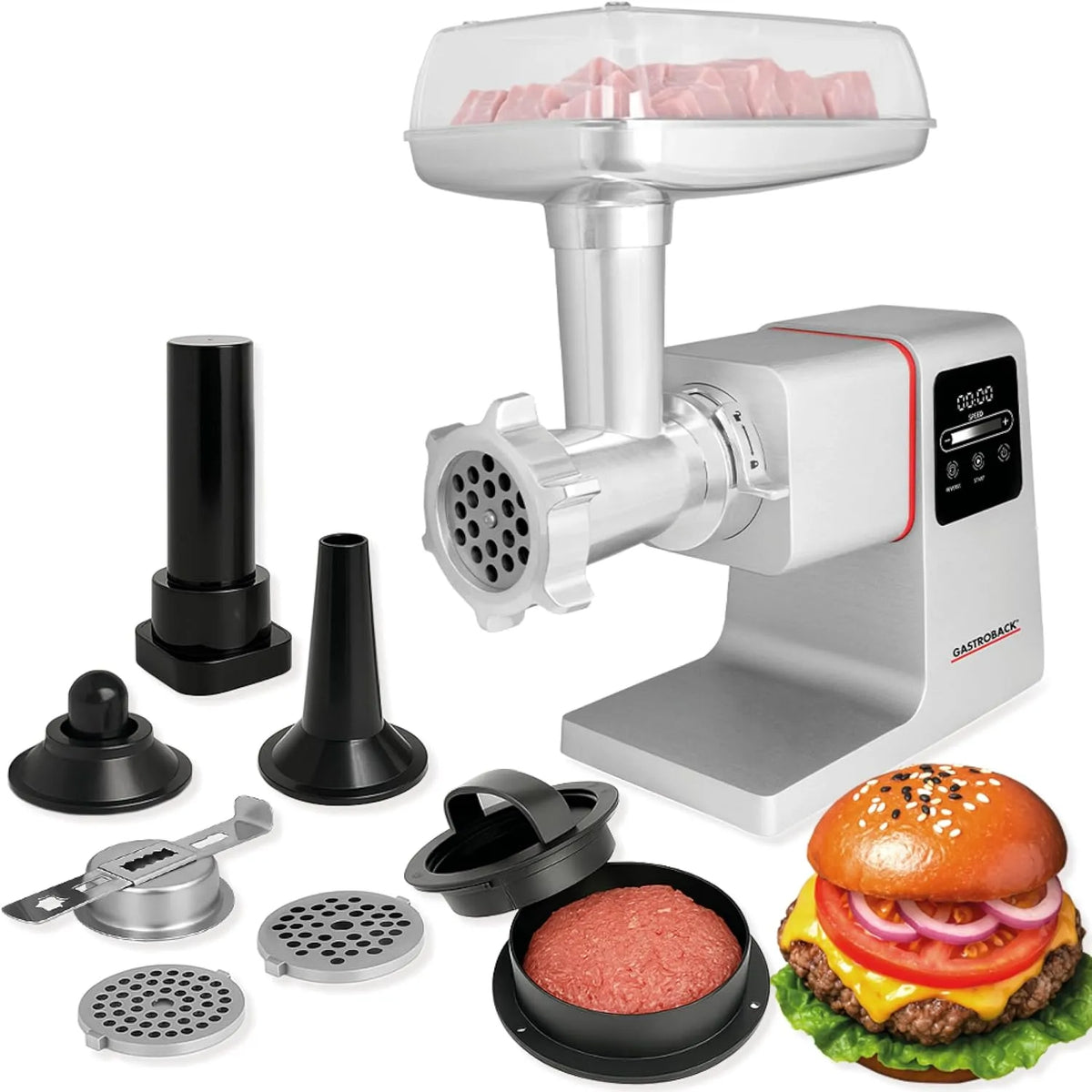 Fleischwolf mit Wurstfüller und Spritzgebäckvorsatz GASTROBACK Elektrischer, 2500 Watt 6-in-1 Edelstahl Meat Grinder