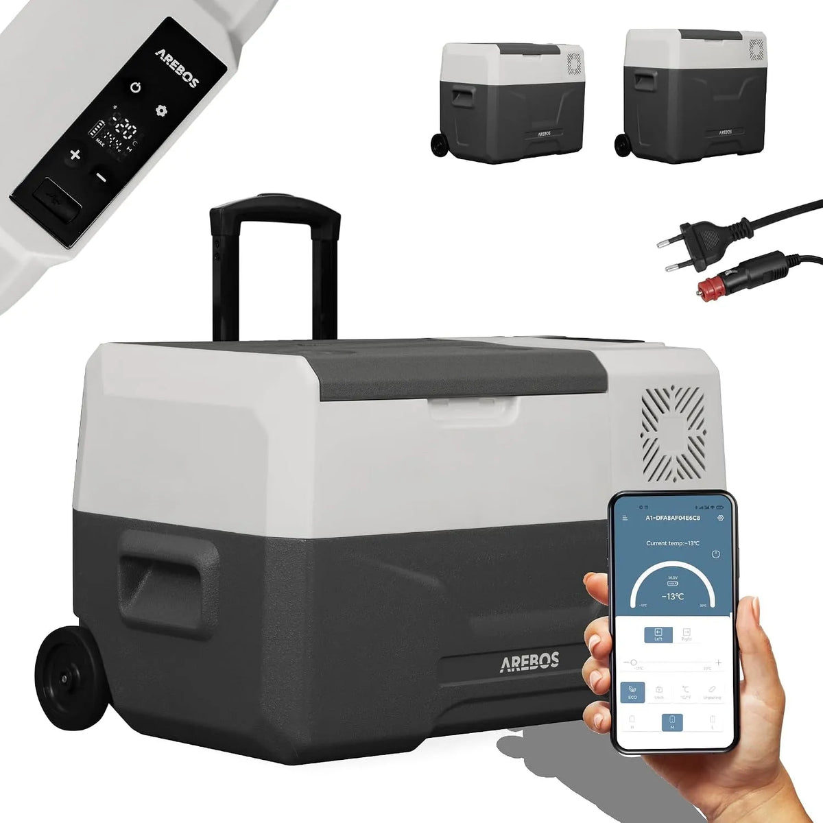 Kompressor Arebos, Kühlbox mit Rollen 27 Liter, 12/24 V 230V, Mobile Kühltruhe mit USB-Anschluss, bis -20 °C, für Auto, LKW, Camping, Boot