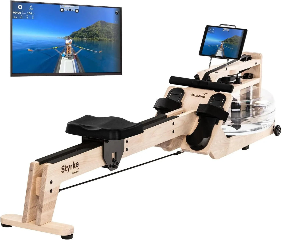 Styrke Skandika Wasserrudergerät, bis 180 kg, Kinomap App-Funktion, Rudergerät Wasser aus Holz, Made in Germany, Rudermaschine für Zuhause