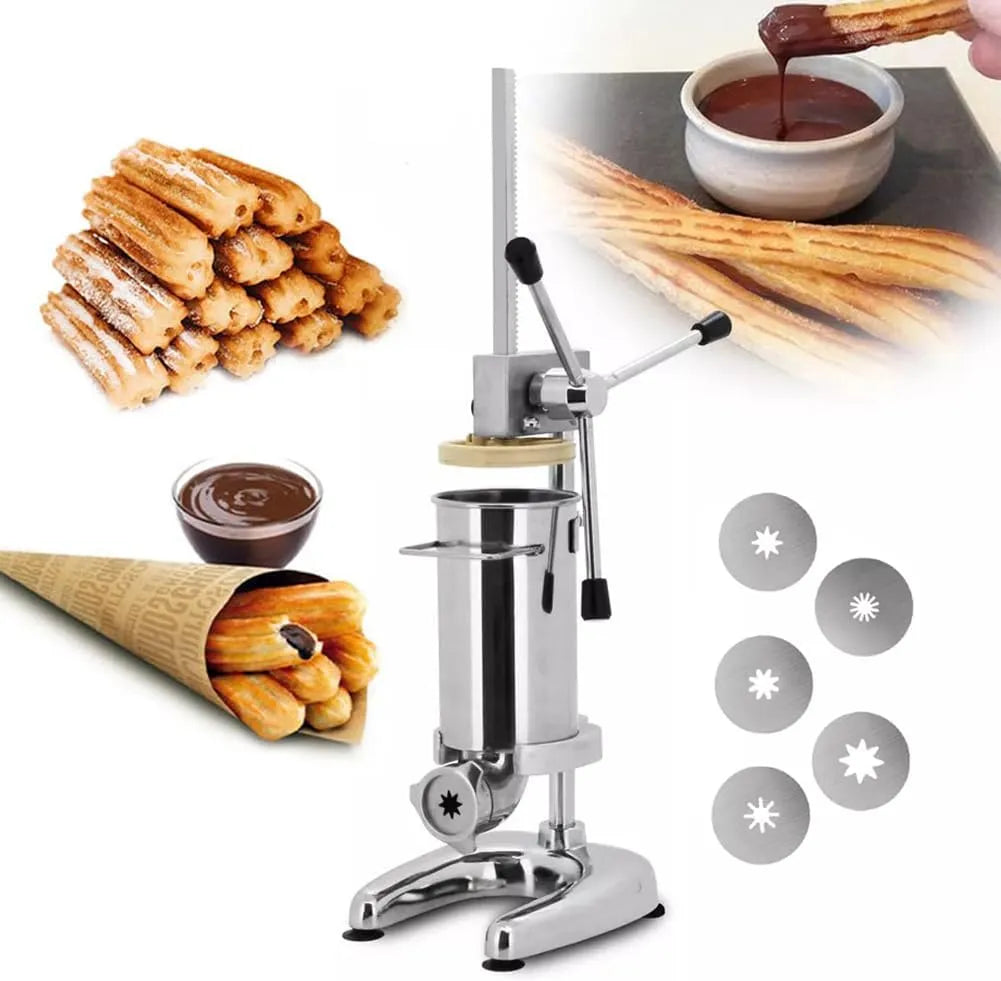 Modell l l l/3 Manueller Churro-Maker, mit 5 Formen, Snack-Ausrüstung 3L, vertikale spanische Churrera-Maschine aus Edelstahl, Churros-Füllmaschine