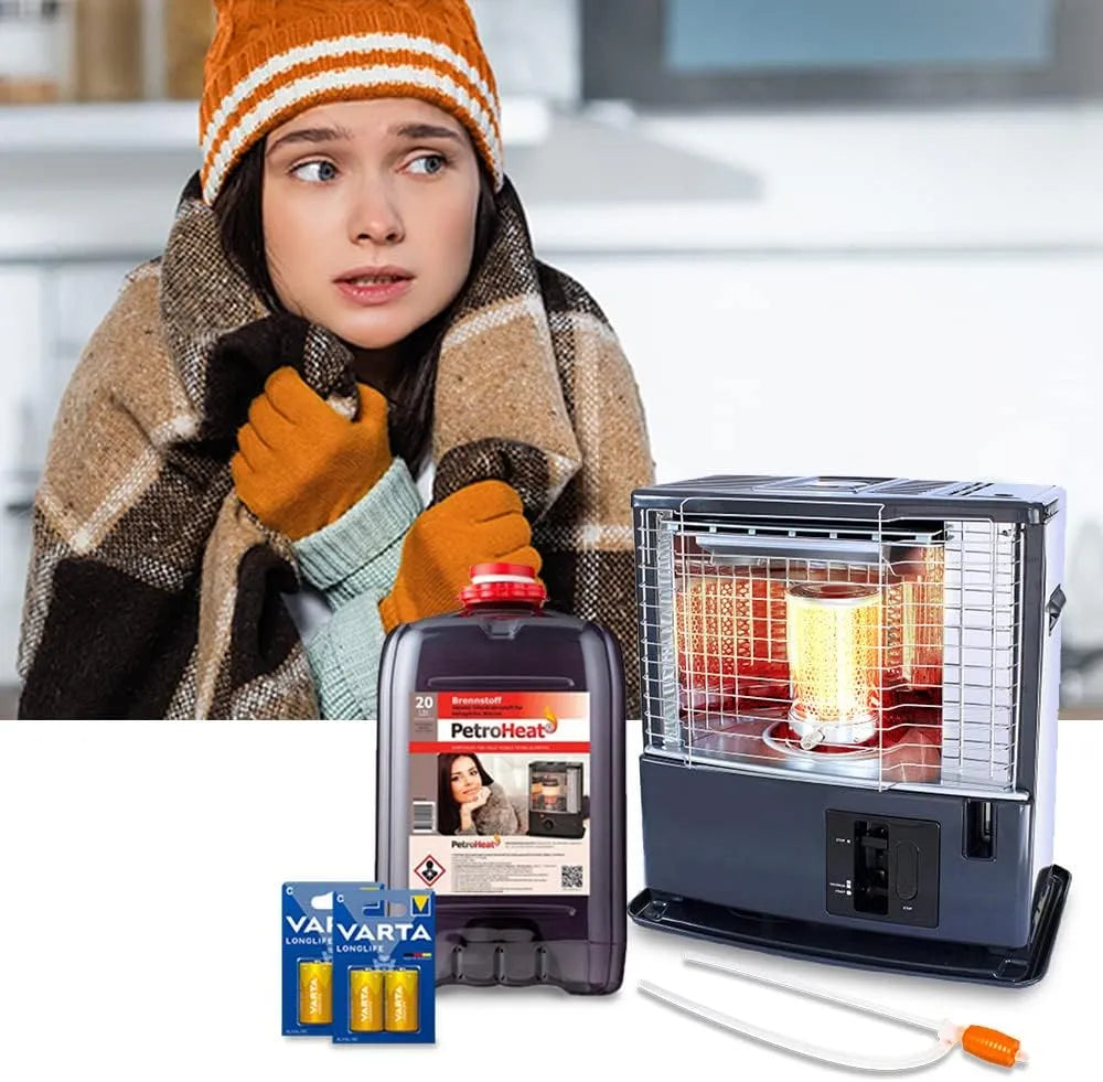 Modell Komplett Paket ration1 Petroleumofen, Heizgerät 3000 W, Petroleum 20 Liter Kanister, Zeltheizung, Terrassenheizer, inklusive. Batterien