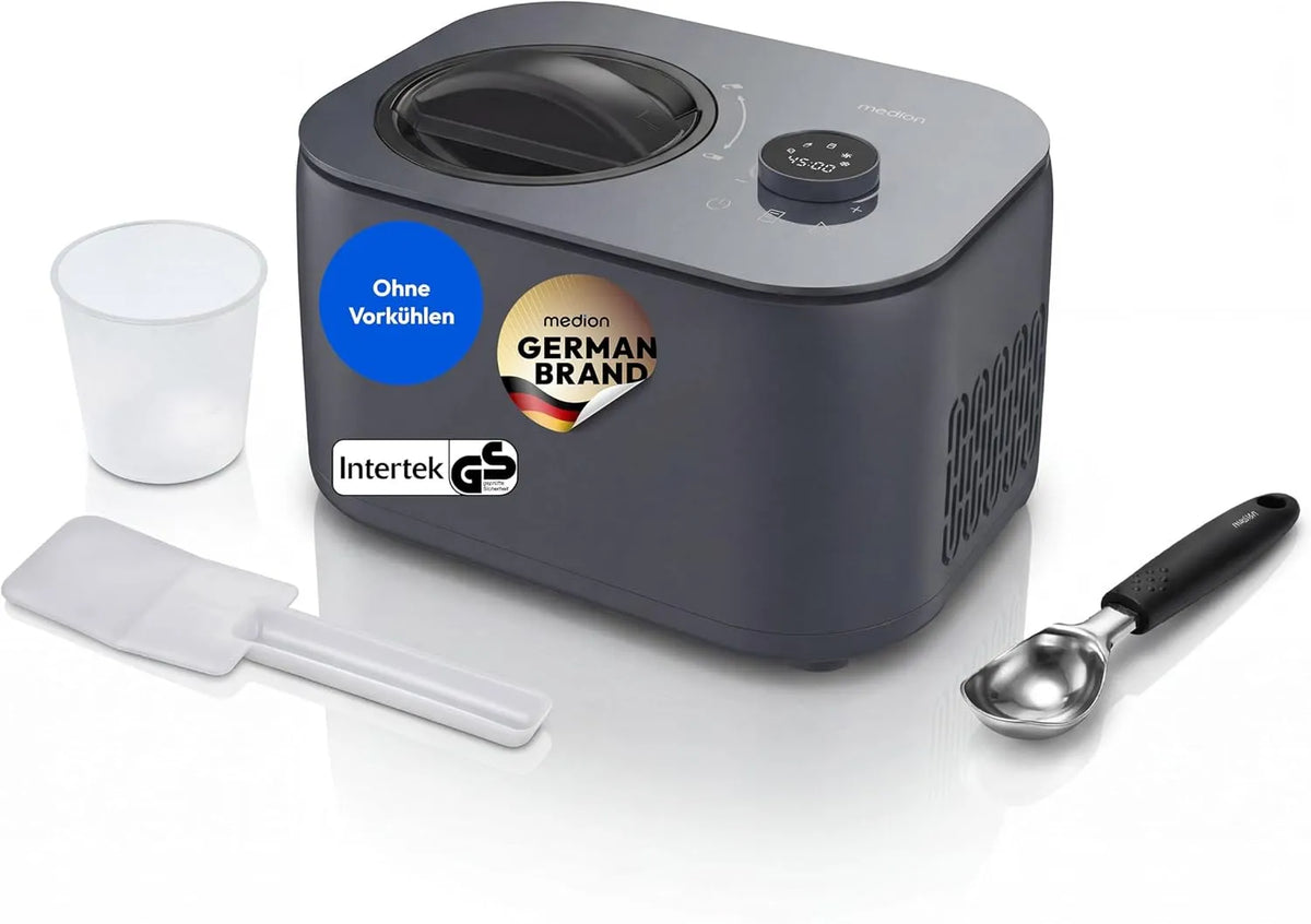 Eismaschine MEDION, kein Vorkühlen notwendig, entnehmbarer Aluminium-Eisbehälter, Joghurt und Slush Eis, Kapazität für 1 L Eis