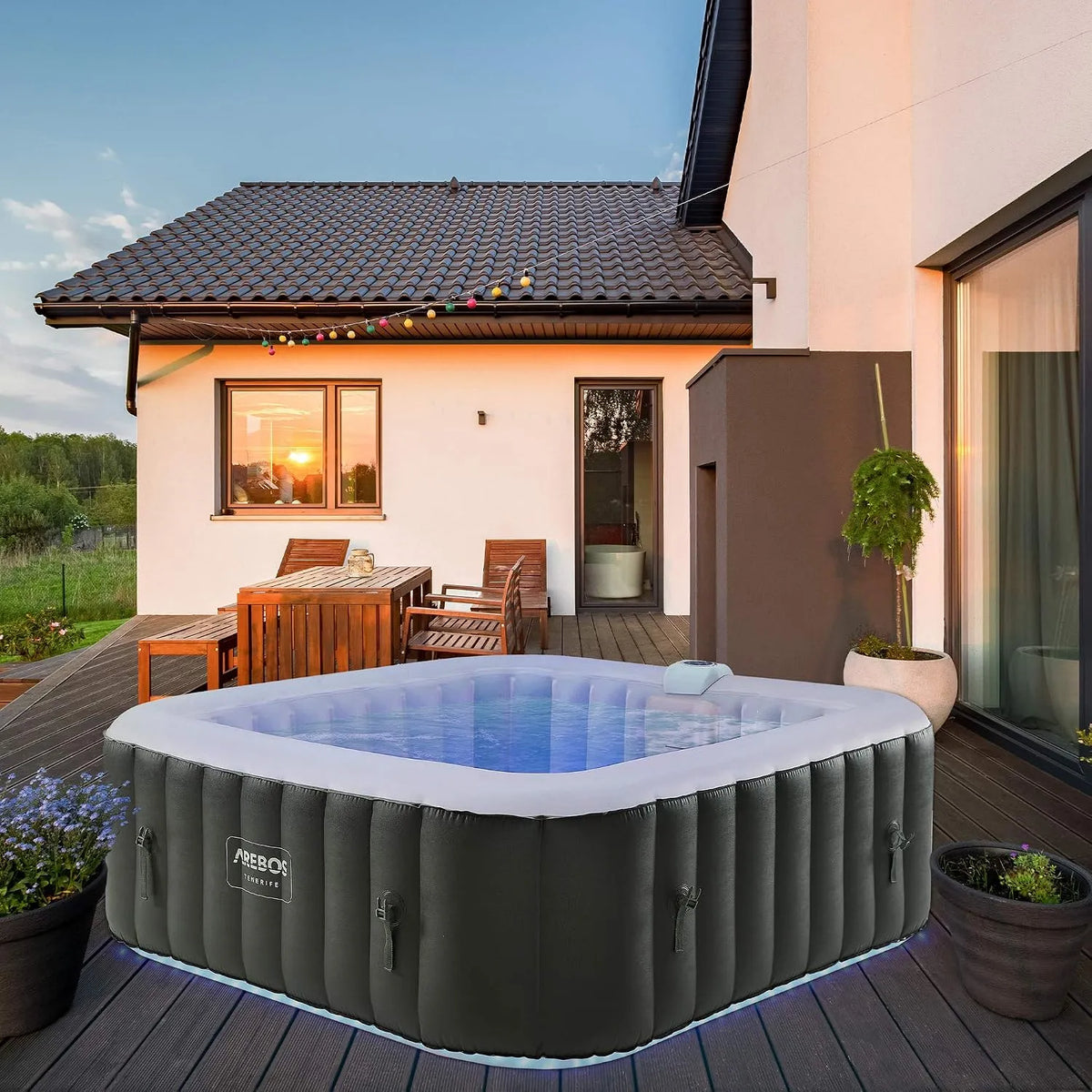 Whirlpool, Arebos Spa 2400 W, Maße 185x185 cm, Fassungsvermögen 910 L, 6 Personen, 130 Massagedüsen, automatisch aufblasbar, In- & Outdoor Spa