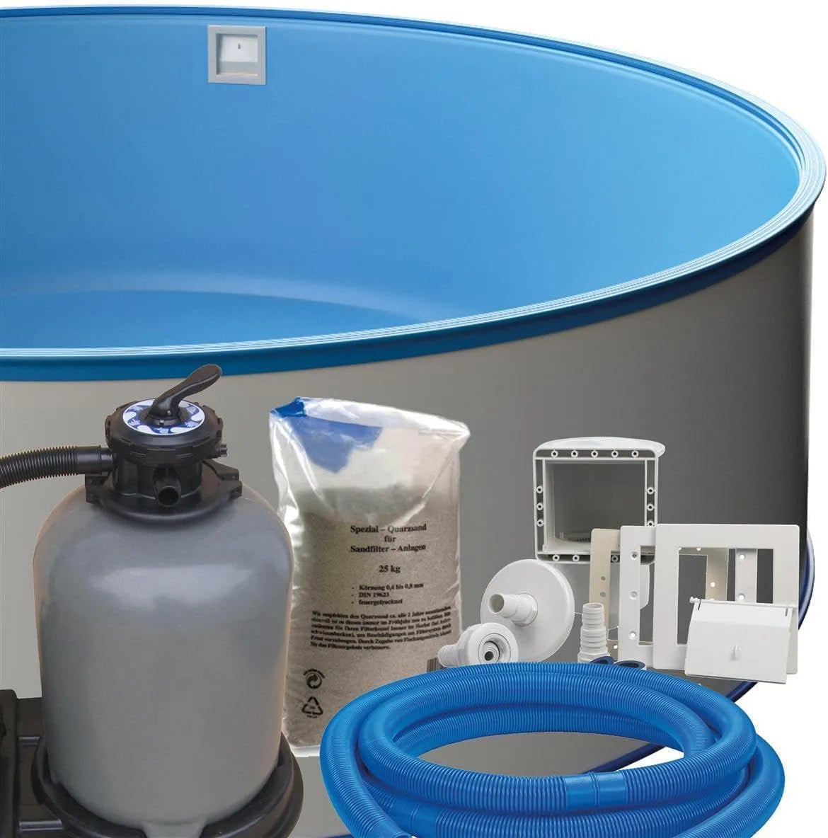 Pool POWERHAUS24 SF133, Blaue UV-beständige Innenhülle 0,6 mm, Made in Europe, Filtersand, Stahlwand Rundpool-Set Ø 5,00 m x 1,20 m, Einbauskimmer