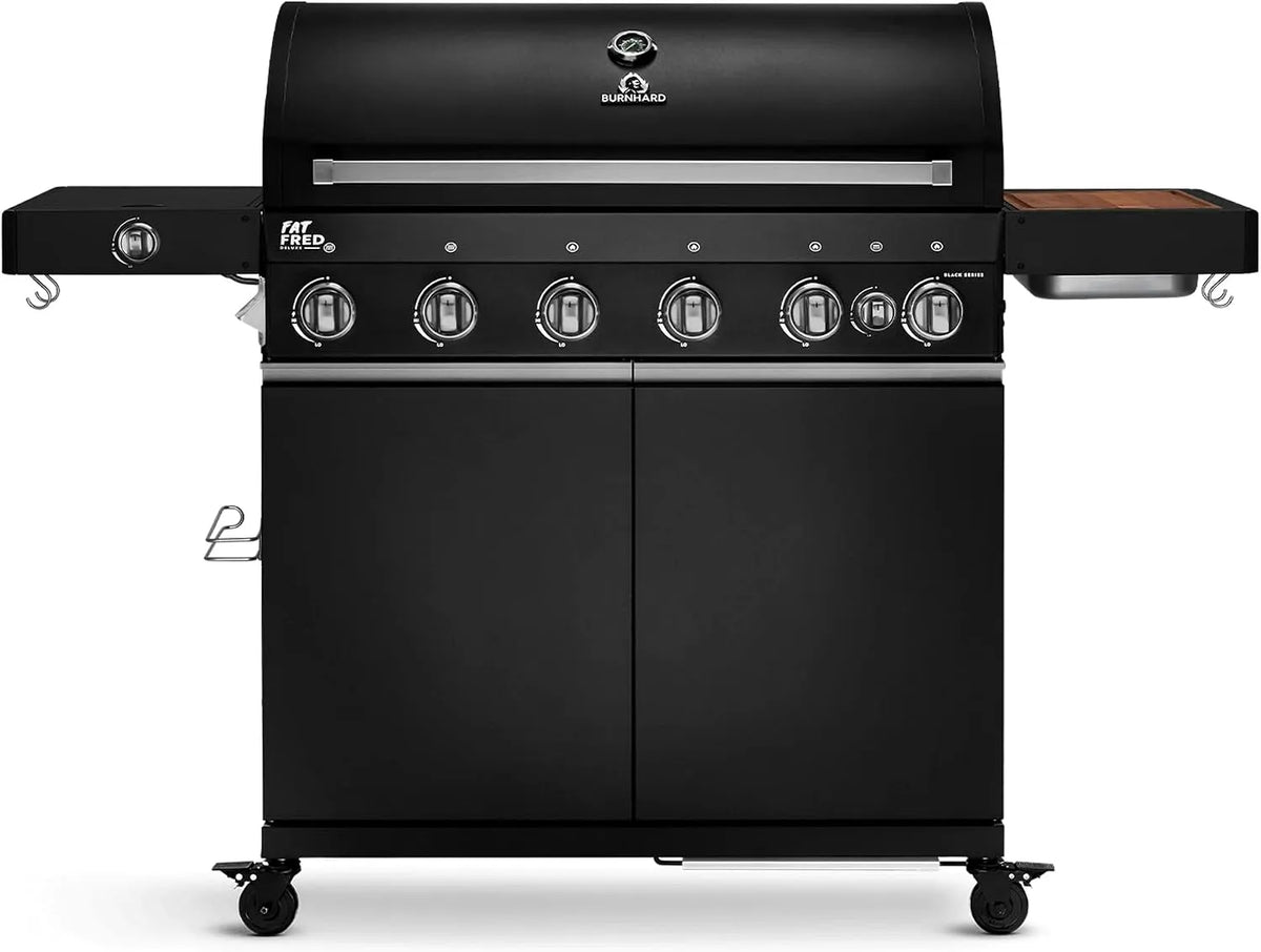 Gasgrill BURNHARD, 900°C Infrarot-Keramikbrenner, Gusseisen-Grillrost, Grillwagen, Fat FRED Deluxe, 6-Brenner inklusive. BACKBURNER, Seitenkochfeld