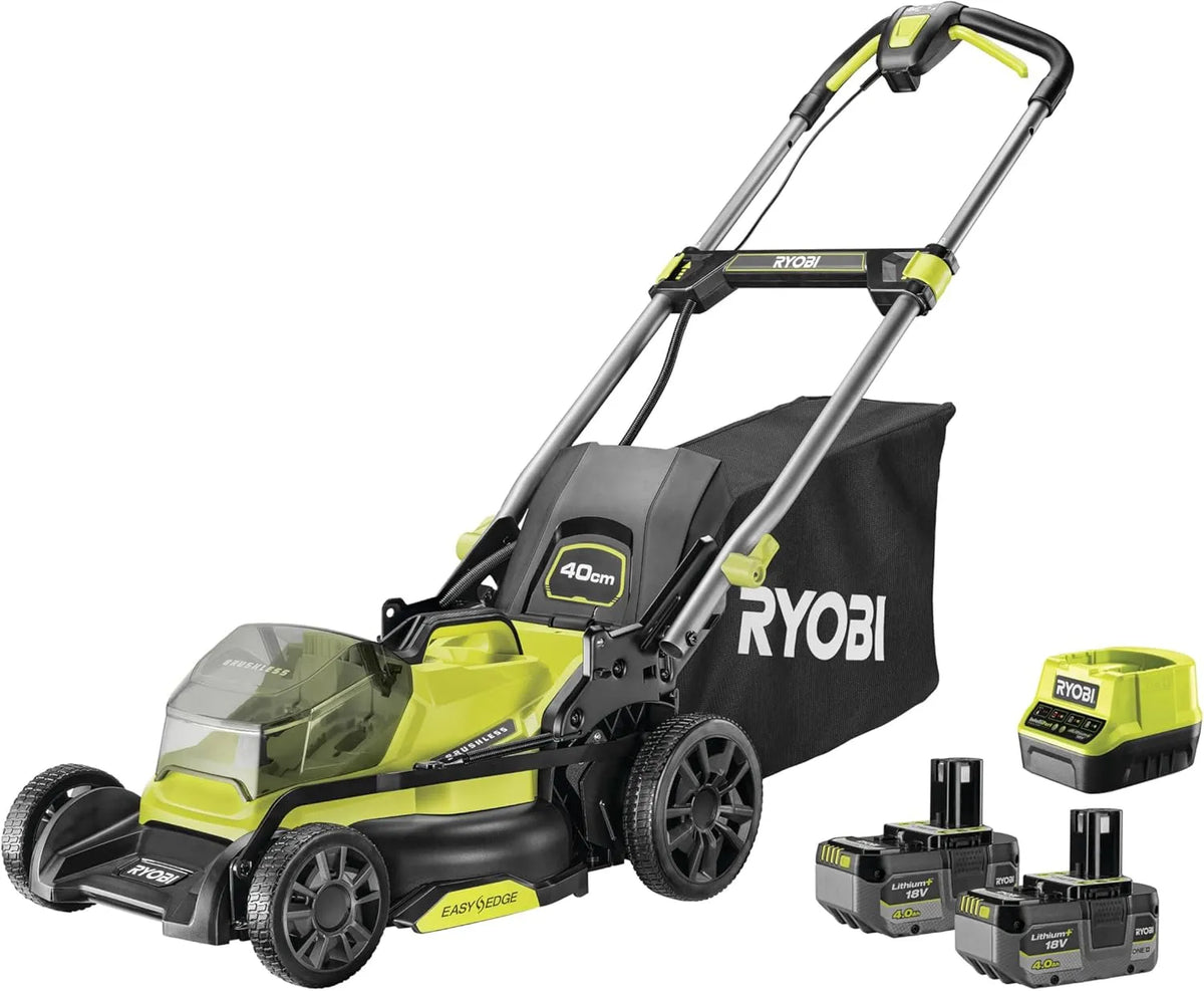 Ryobi Rasenmäher RYOBI 18 V RY18LMX40C-240, inklusive. 2× 4,0 Ah Akkus & Ladegerät, 40 cm Schnittbreite, für größere Rasenflächen, bürstenloser Motor