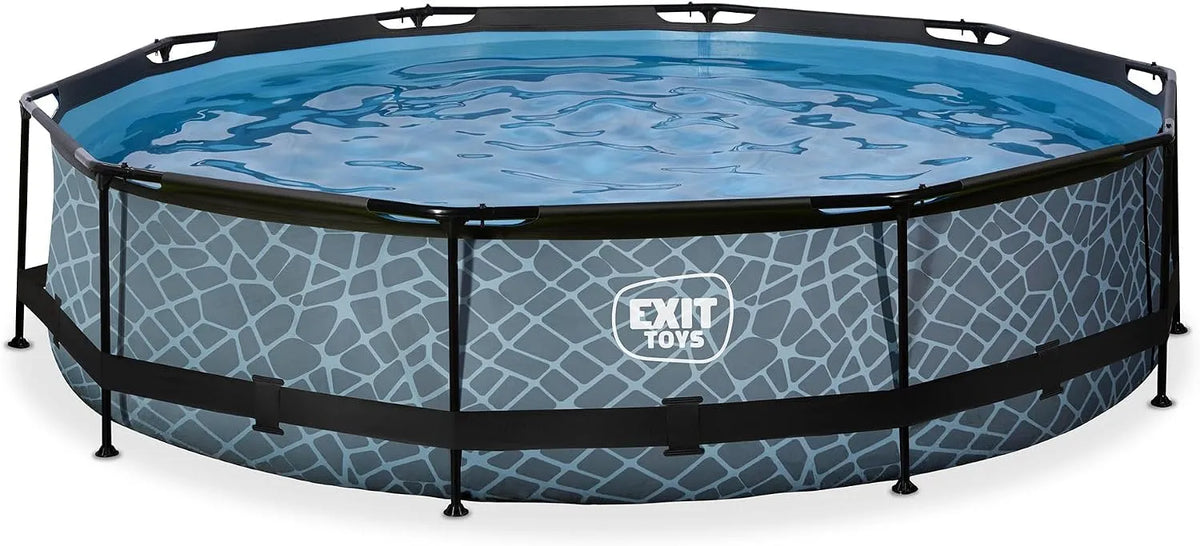 Pool EXIT Toys Stone, Großer, Leicht Zugänglich, Starker Rahmen, Farbe Grau, ø360x76cm, Runder Rahmenpool mit Kartuschenfilterpumpe