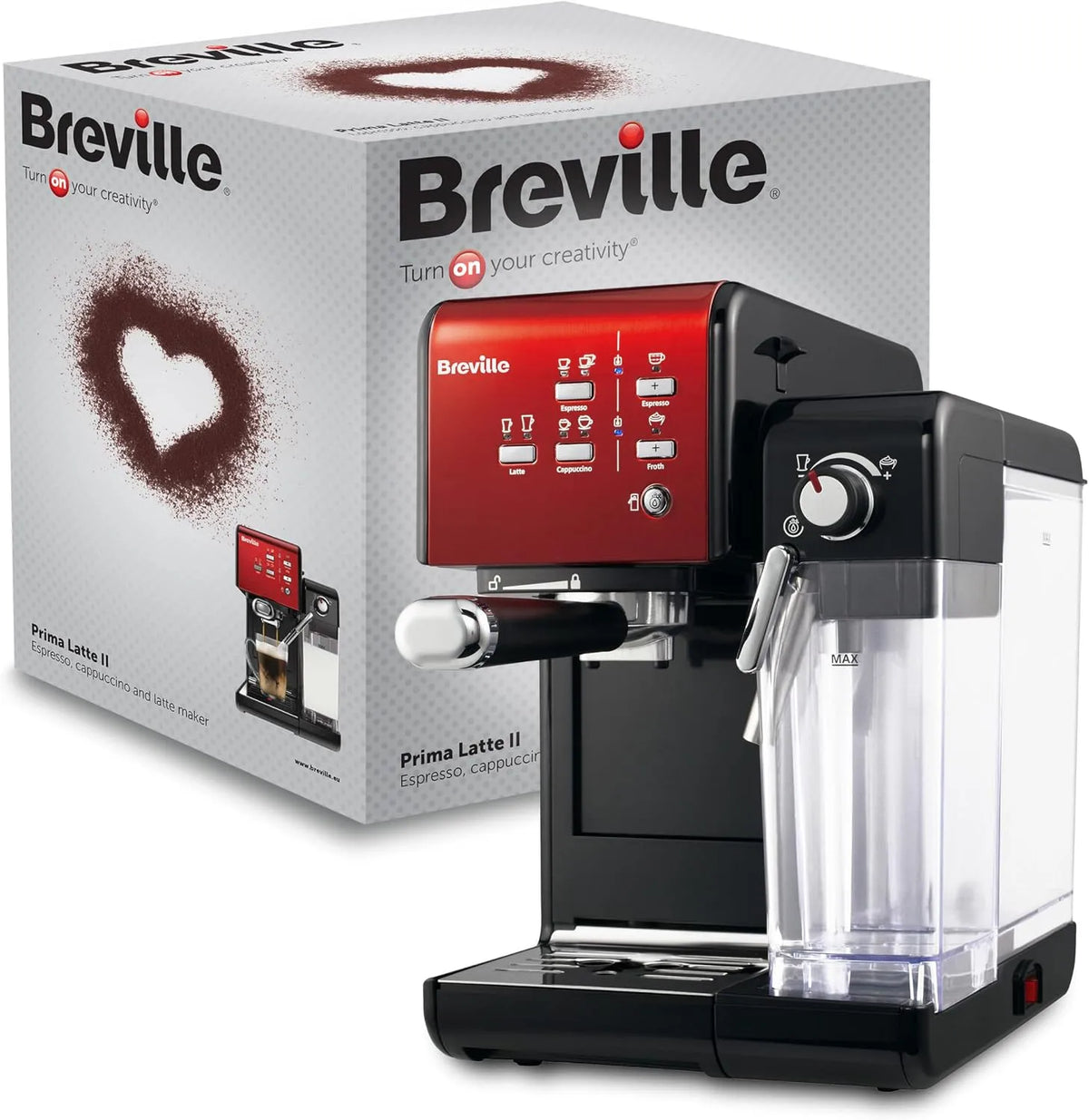 Modell Latte II Espresso 15-bar-Profipumpe VCF109X Breville Prima, Latte- und Cappuccino-Maschine, und Milchaufschäumer, Rot