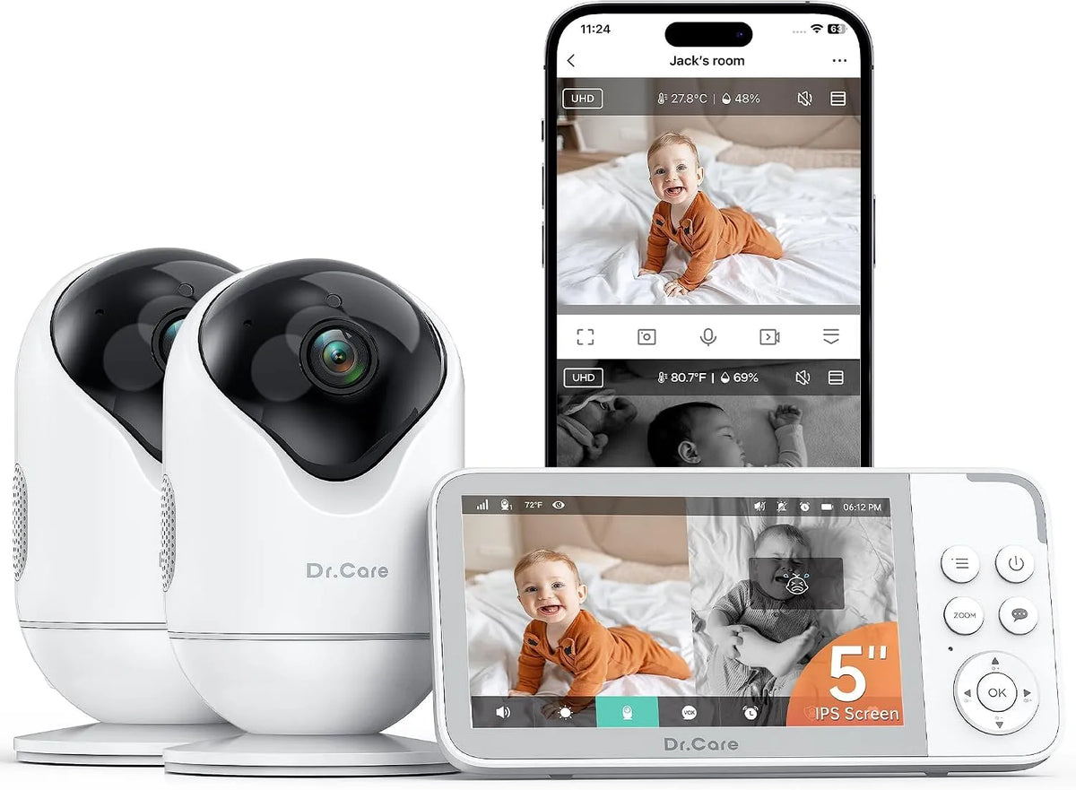 Kamera 1080P, Dr.Care VistaView Smart WLAN Babyphone mit, 2K, 5000mAh, 390m Reichweite, 5' Monitor mit 2 Kameras, HD, App-Steuerung, Nachtsicht