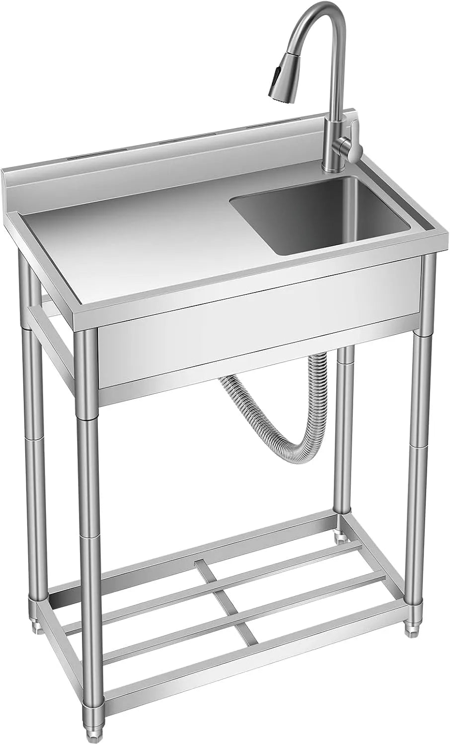 76×41× Freistehende Küchenspüle 1 Becken Edelstahl Spültisch, Gewerbliche Spülbecken Mit Wasserhahn Kalt Und Warmwasserschläuchen