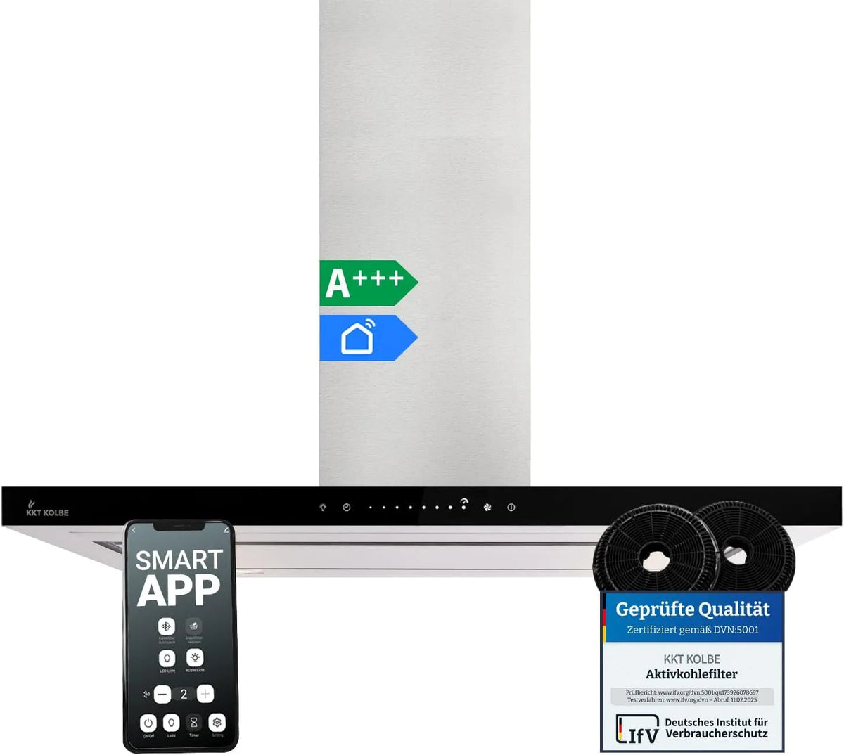 Dunstabzugshaube FLAT-INSEL-6 KKT KOLBE A+++, 90 cm 680 cbm, Smart, WiFi WLAN App Nachlaufautomatik SensorTouch
