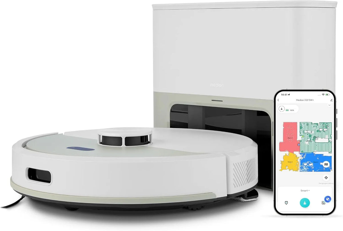 Saugroboter X22 2in1 MEDION, mit Absaugstation und Wischfunktion SW+, Roboterstaubsauger, Go & No Go Bereiche, Farbe Grau, Starke 5000Pa Saugkraft