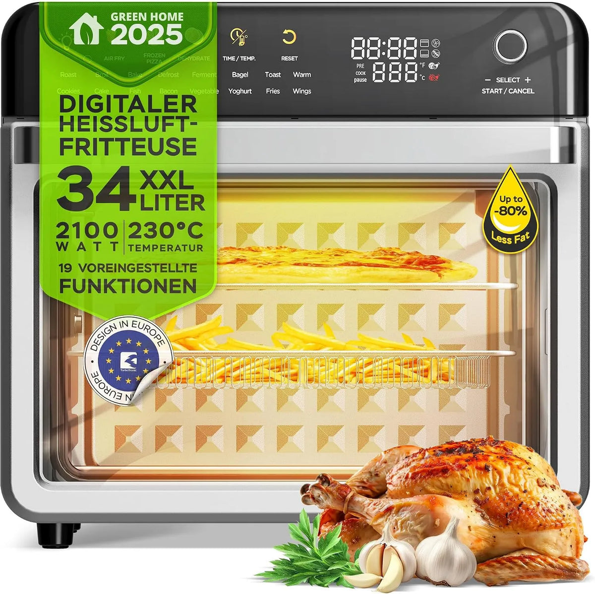 Heißluftfritteuse 19in1, Heißluftofen & 2100W Power 34L bis 0,5 kg Pommes Mini-Backofen, TurboTronic Multi-Smart-Ofen