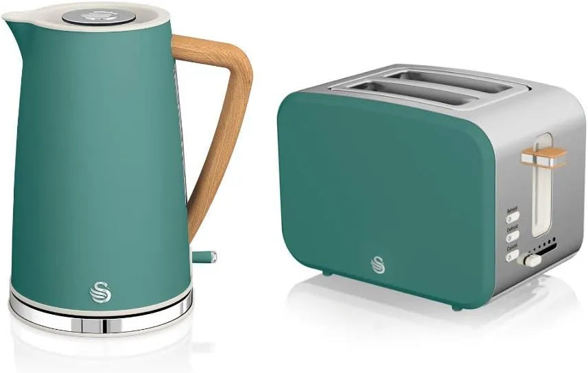 Toaster, Leistung 2200 W, 3 Funktionen, kabellos, modernes Design, Grün, Fassungsvermögen 1,7 l, 2 Scheiben, Swan Nordic Set Frühstückskocher