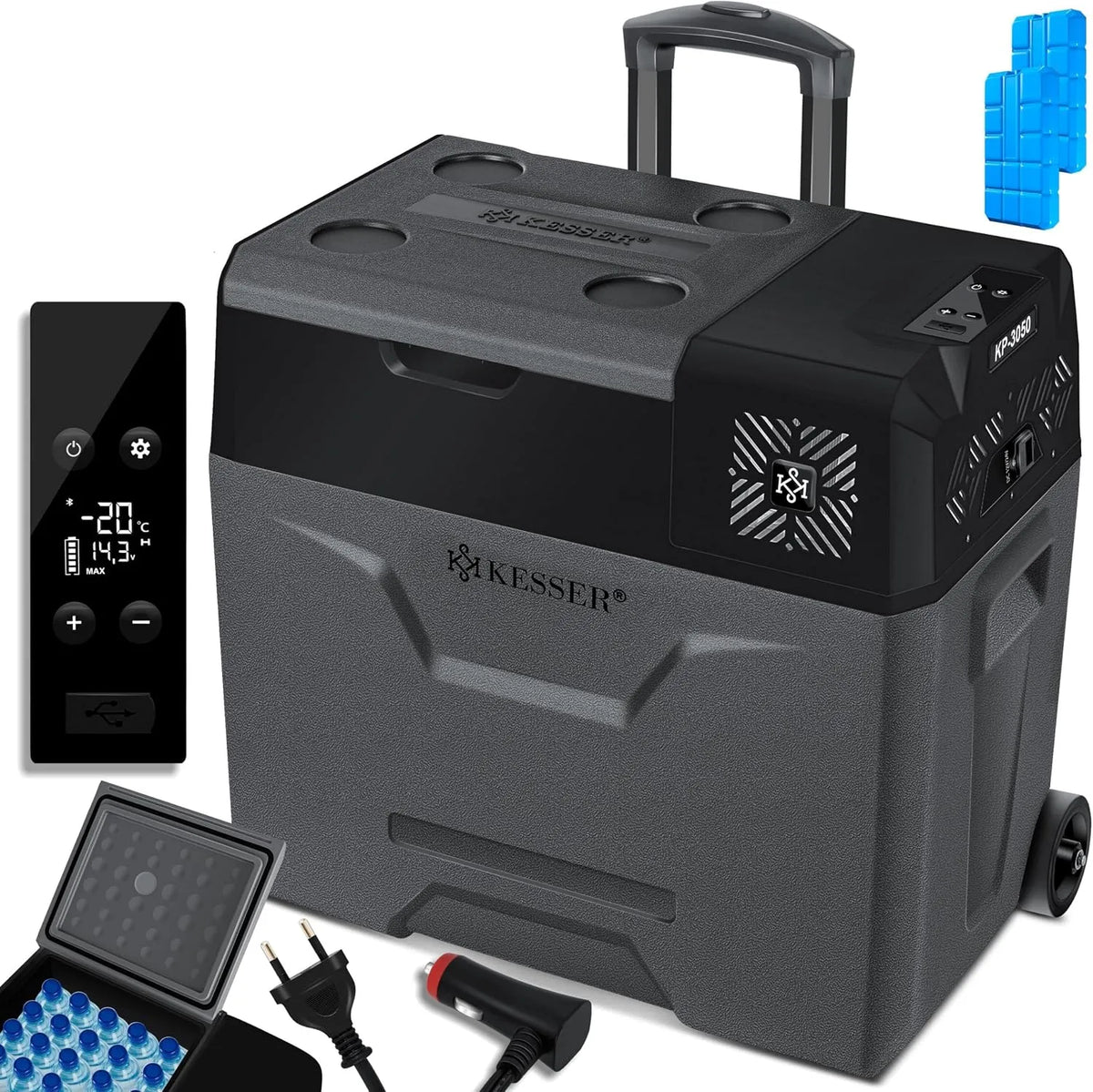 Kesser Kompressor, Camping Kühlbox 12/24/230V mit APP-Steuerung, LKW & Boot + 2 Kühlakkus, Wohnmobil, Kühlbox auto elektrisch 50L
