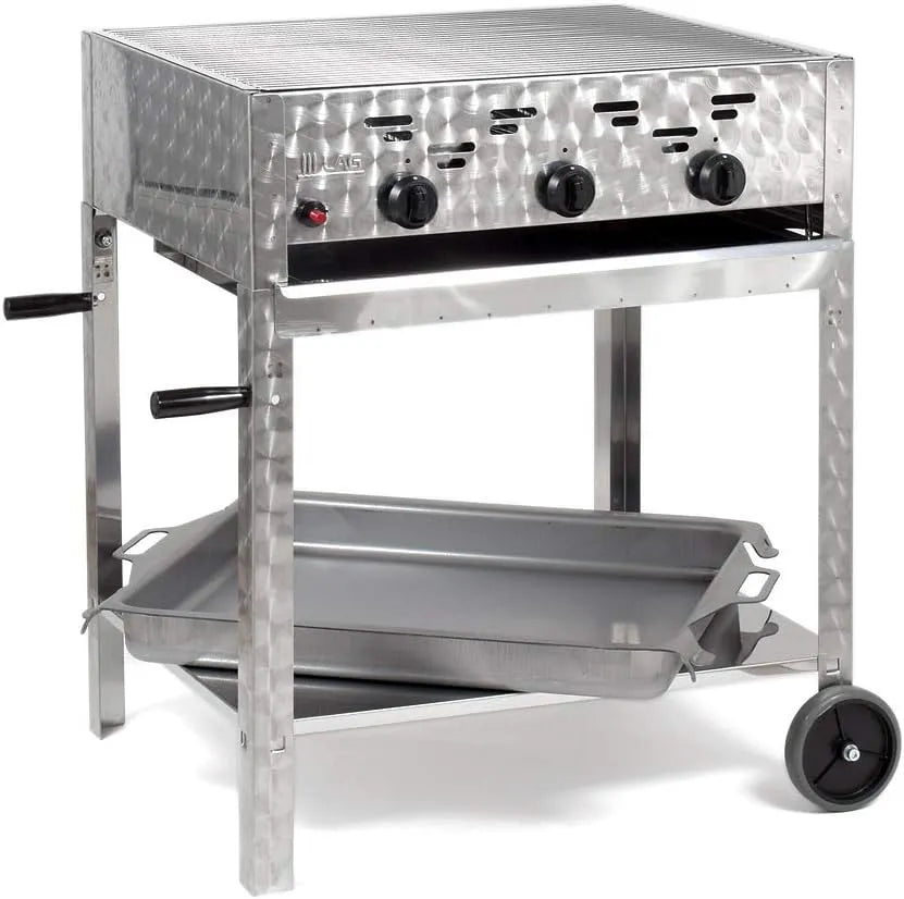 Gasgrill, mit Grillrost und Stahlpfanne Gastrobräter Profigrill Verein, Kombibräter 11kW 3-flammiger Edelstahl-Brenner fahrbar