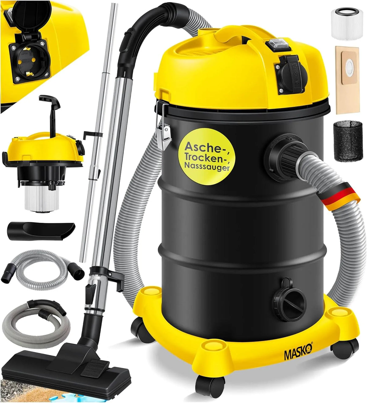 Staubsauger 6IN1 MASKO Industriestaubsauger, Industrie-Sauger mit & ohne Beutel, beutellos, Gelb