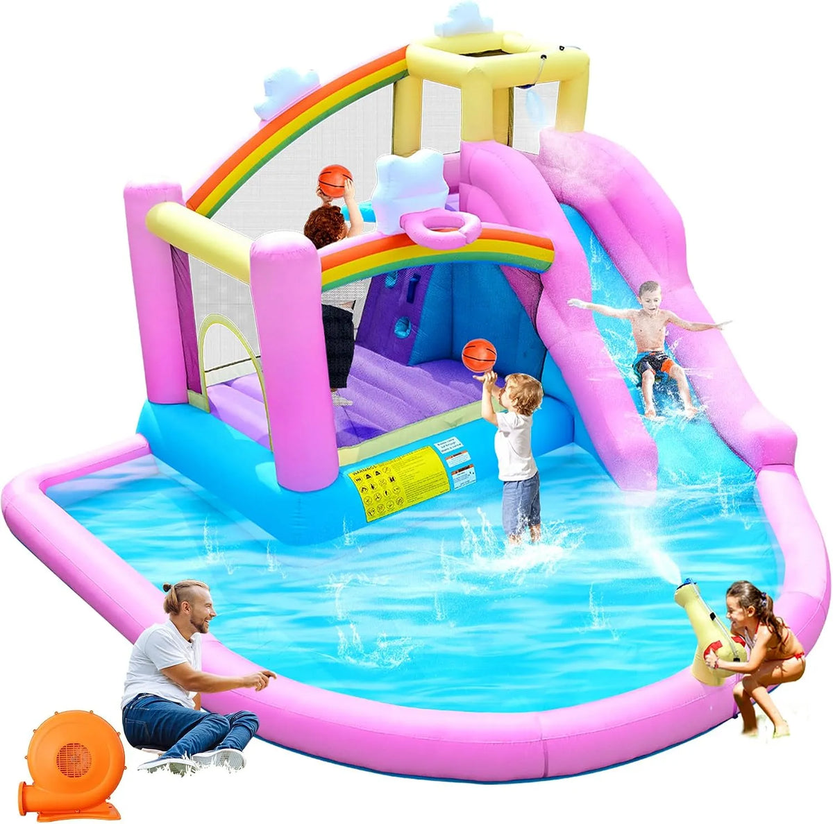 Aufblasbare Hüpfburg, mit Wasserrutsche Kletterwand Basketballkorb und Planschbecken inklusive Gebläse