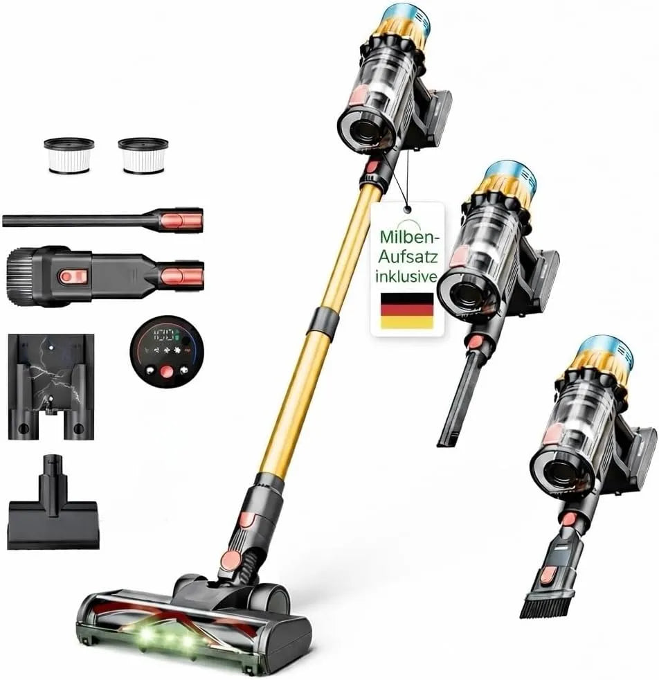 Staubsauger, Leistung 650W, 300 qm Akkustaubsauger Kabellos, Akku Super Leise, Anti-Tangle-Bürste, Gold, 45000Pa, 80Min, Milben Aufsatz