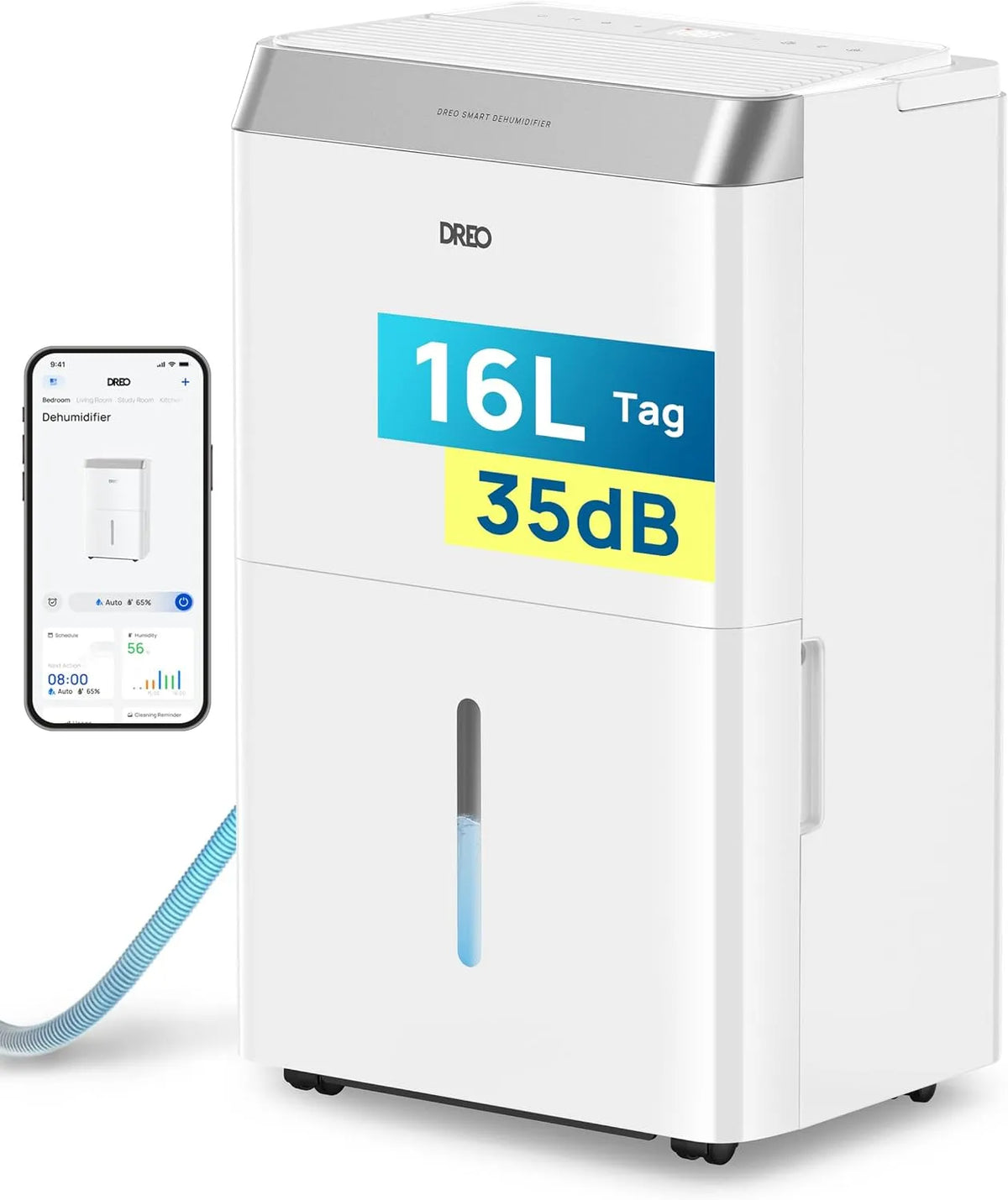 Luftentfeuchter 24h DREO, Fassungsvermögen 16L, 30m², Fassungsvermögen 3,4L Tank, Wäschetrockner & Timer, Entfeuchter energiesparend, 16L/24h, 3 Modi
