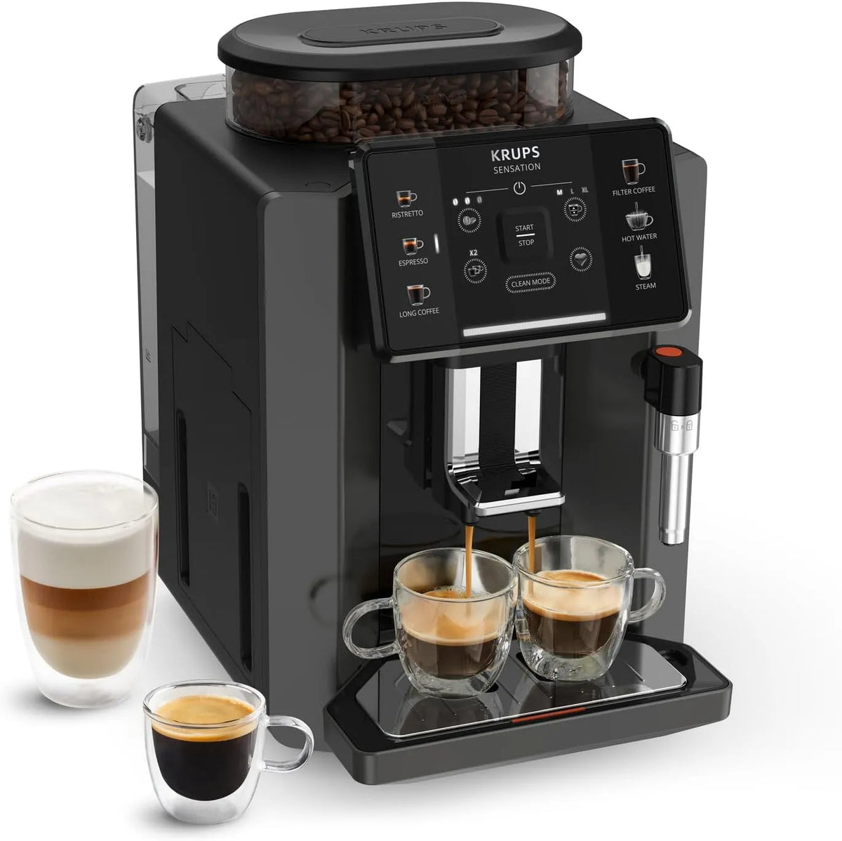 Krups Kaffeevollautomat 2-Tassen-Funktion, Sensation mit Milchschaumdüse, Kaffeemaschine für Espresso, bis zu 5 Kaffeegetränke